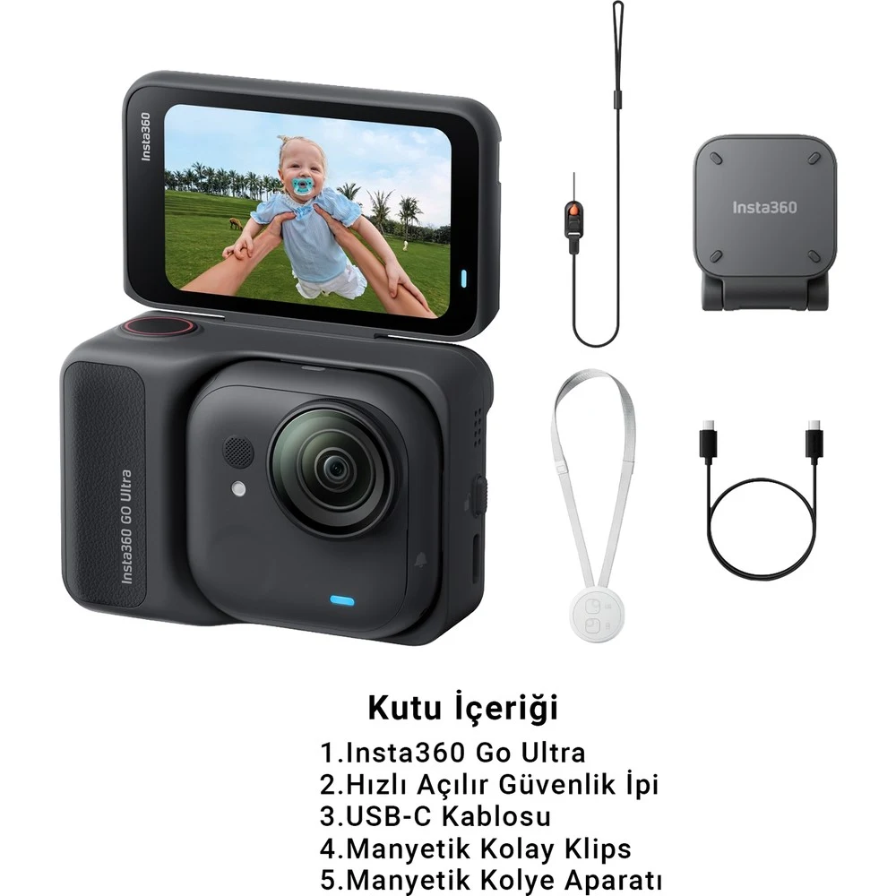 INSTA360 Go Ultra Siyah – 53G Hafif, 4K 60FPS, Düşük Işık Performansı, Purevideo, Aktif Hdr, Manyetik