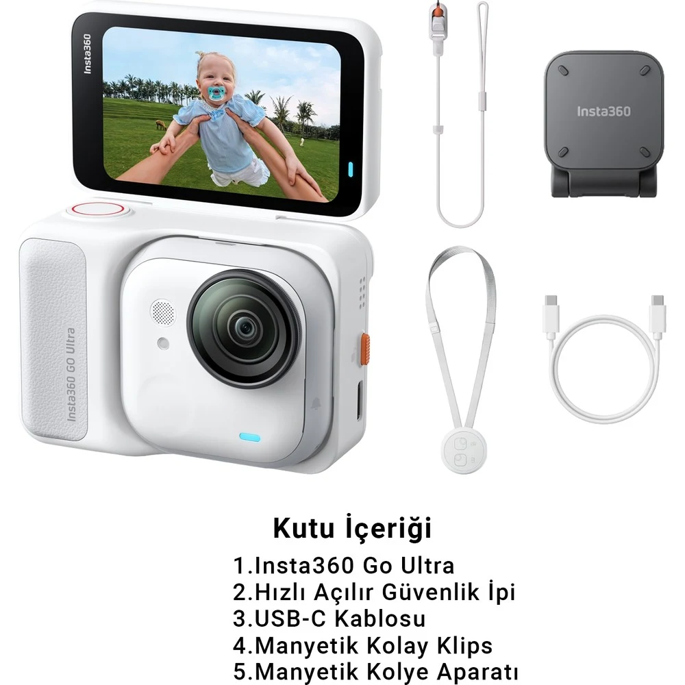 INSTA360 Go Ultra Beyaz – 53G Hafif, 4K 60FPS, Düşük Işık Performansı, Purevideo, Aktif Hdr, Manyetik